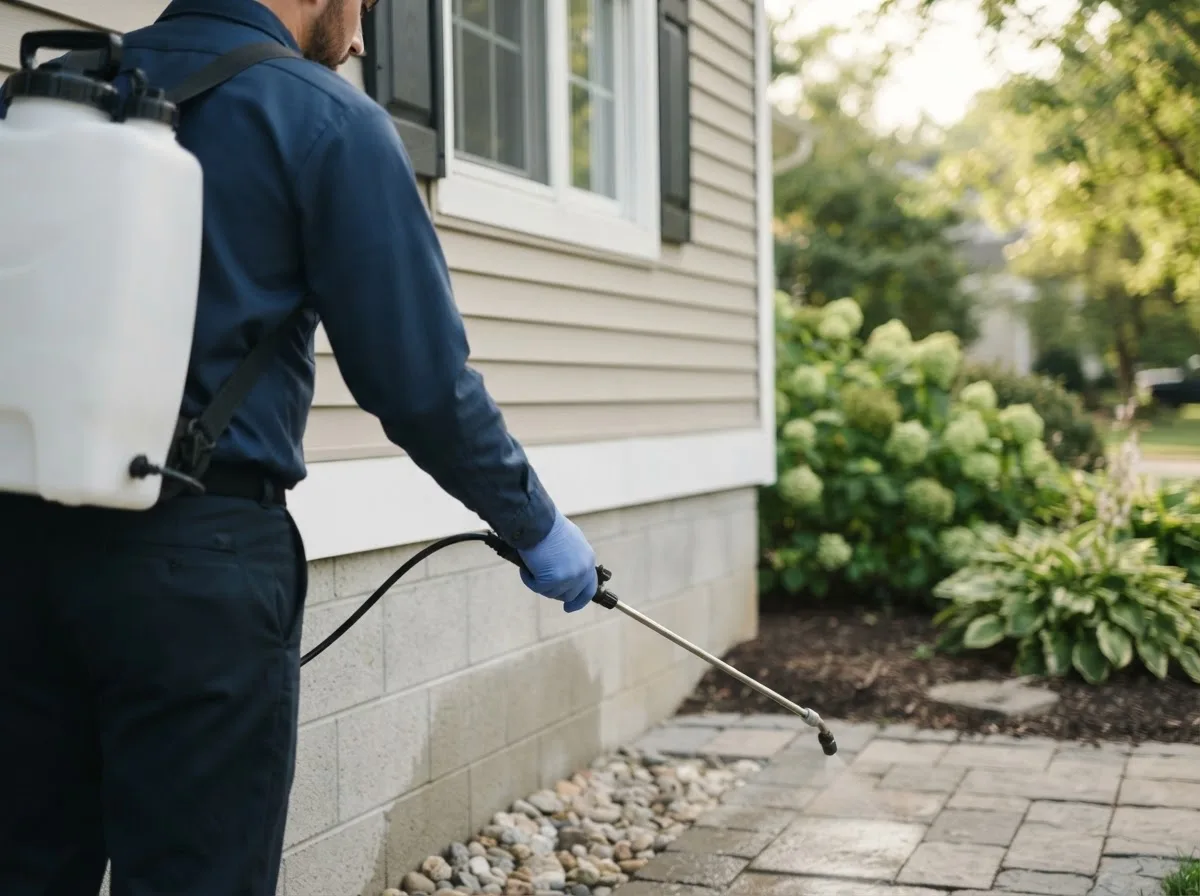 Pest control technician inspecting a home in Indianola, NE